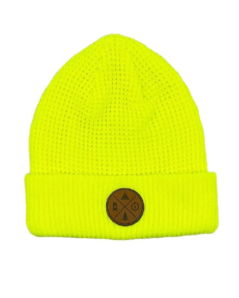Front of a model wearing a size one-size-fits-all Camping Waffle Knit Cuffed Beanie In Bright Yellow in Bright Yellow by Avalanche. | dia_product_style_image_id:350140
